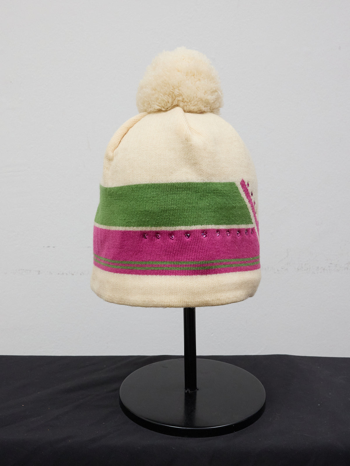 Halo Cream Pom-pom Beanie with Rhinestones