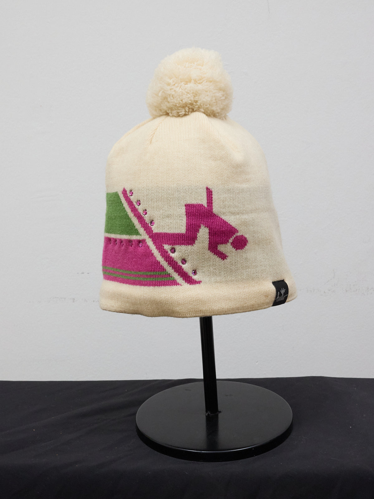 Halo Cream Pom-pom Beanie with Rhinestones
