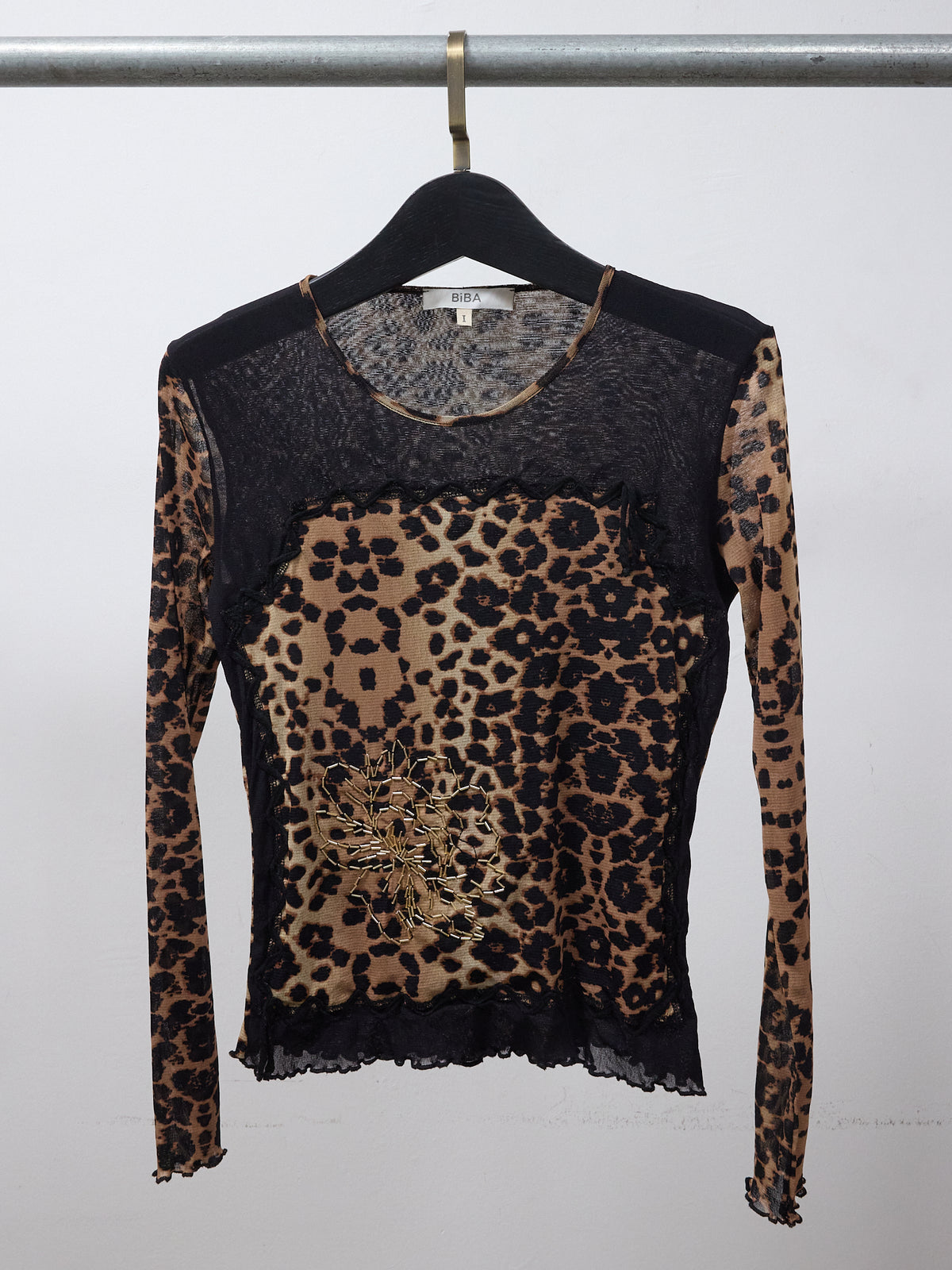 Biba Leopard Print Mesh Top with Flower Embroidery -