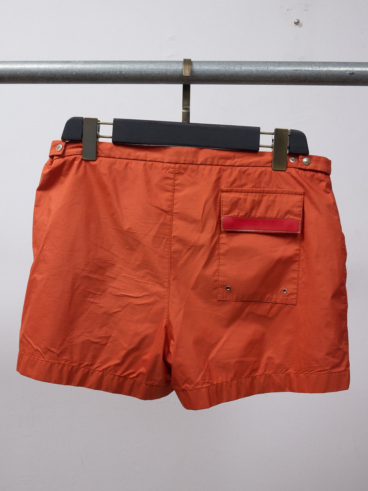Vintage Men's Prada Swim Shorts with Red Tab Pocket
