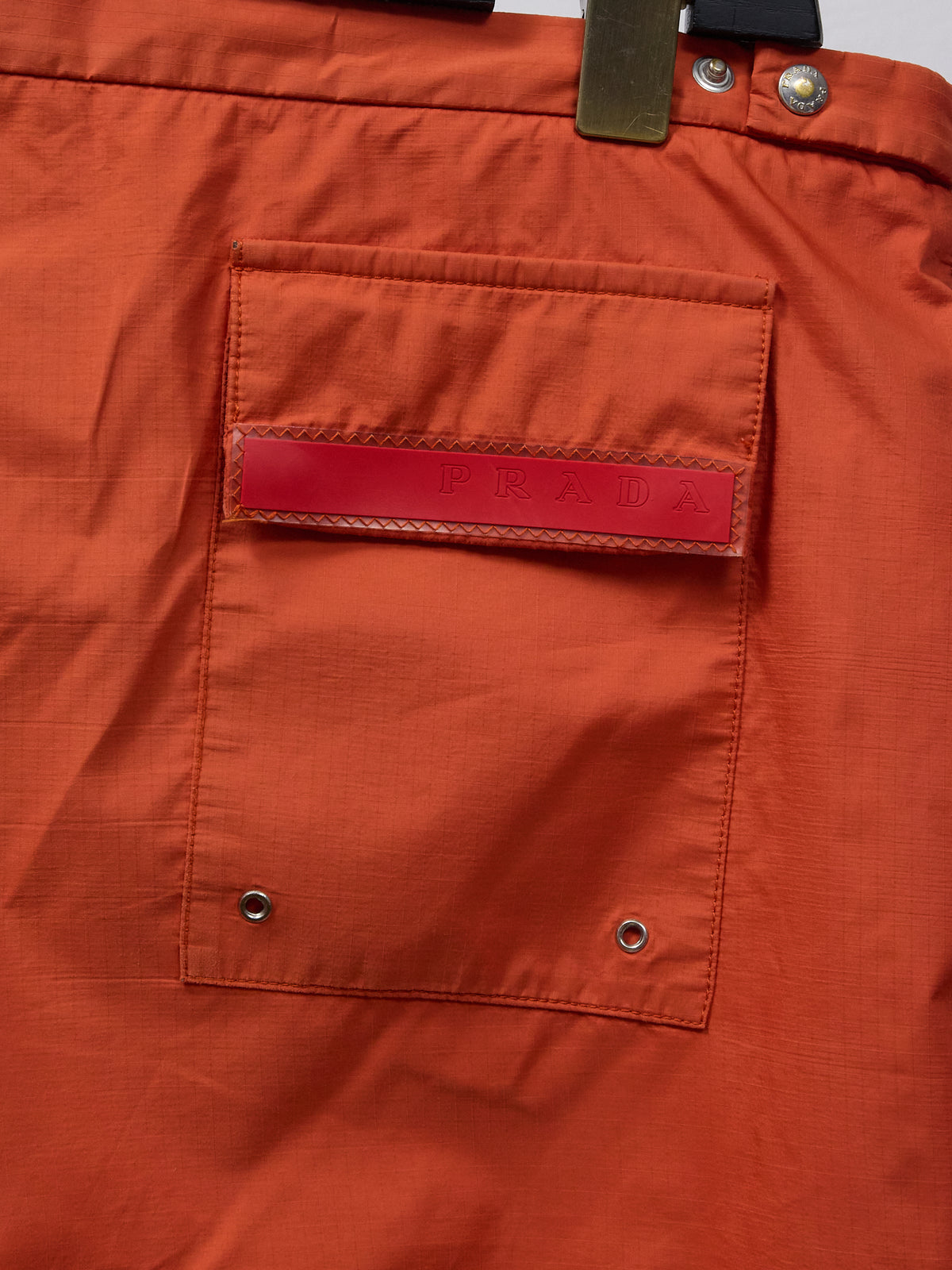 Vintage Men's Prada Swim Shorts with Red Tab Pocket
