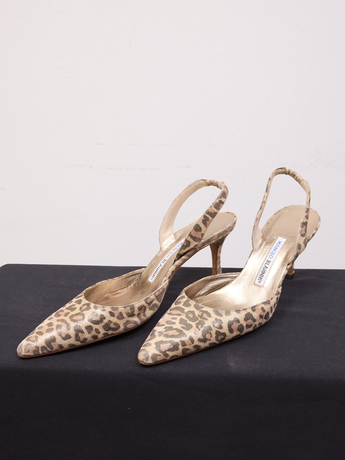 Manolo Blahnik Gold Leopard-print Slingback Heels