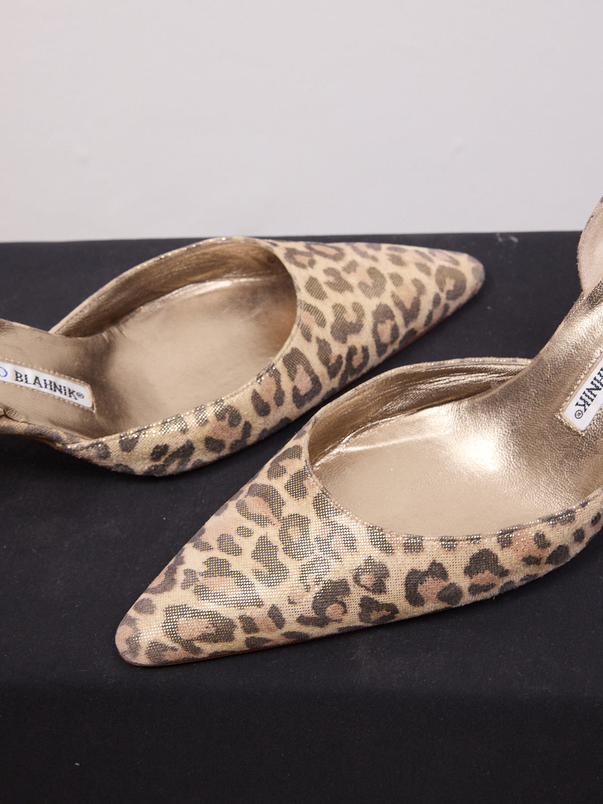 Manolo Blahnik Gold Leopard-print Slingback Heels