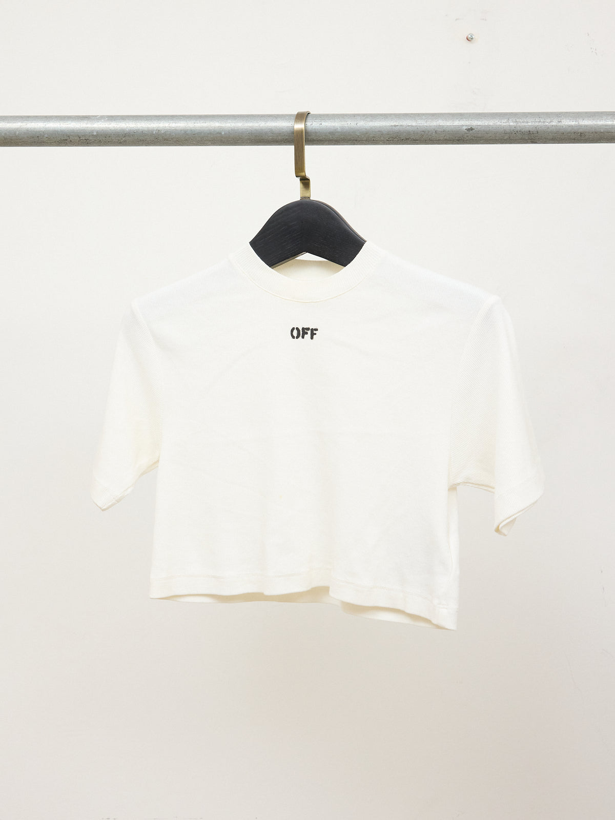 Off White Cotton Ribbed Cropped T-Shirt
