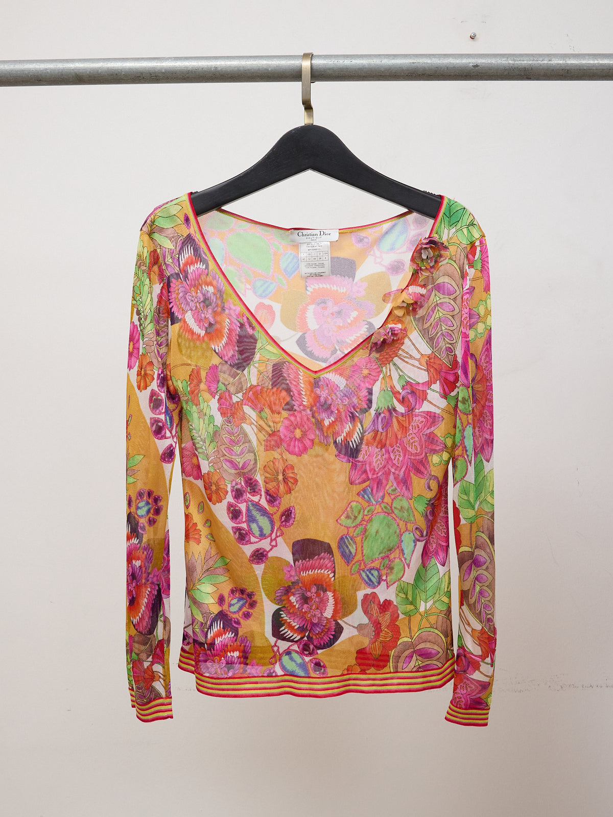 Vintage Christian Dior by John Galliano SS2005 Multicolor Floral Print Mesh Long Sleeve
