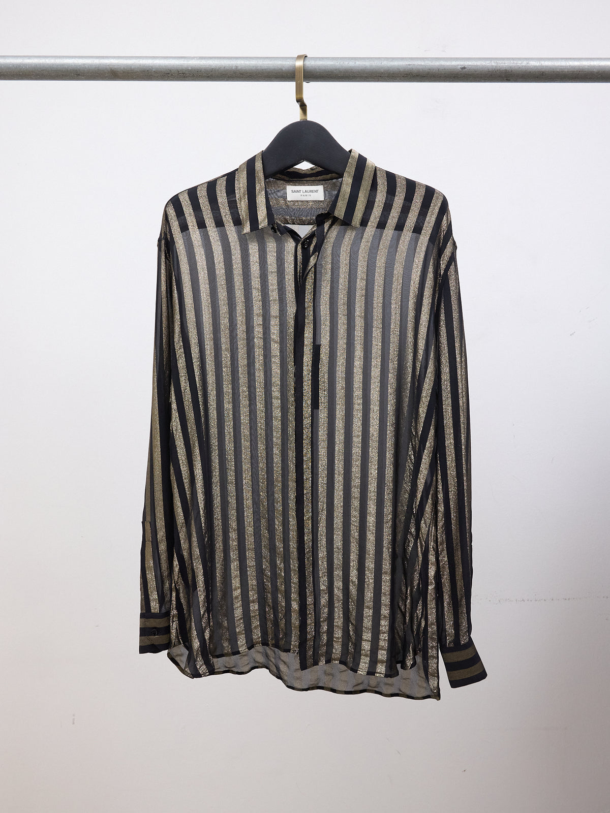 YSL Women's Silk Striped Dress Shirt in Black & Gold