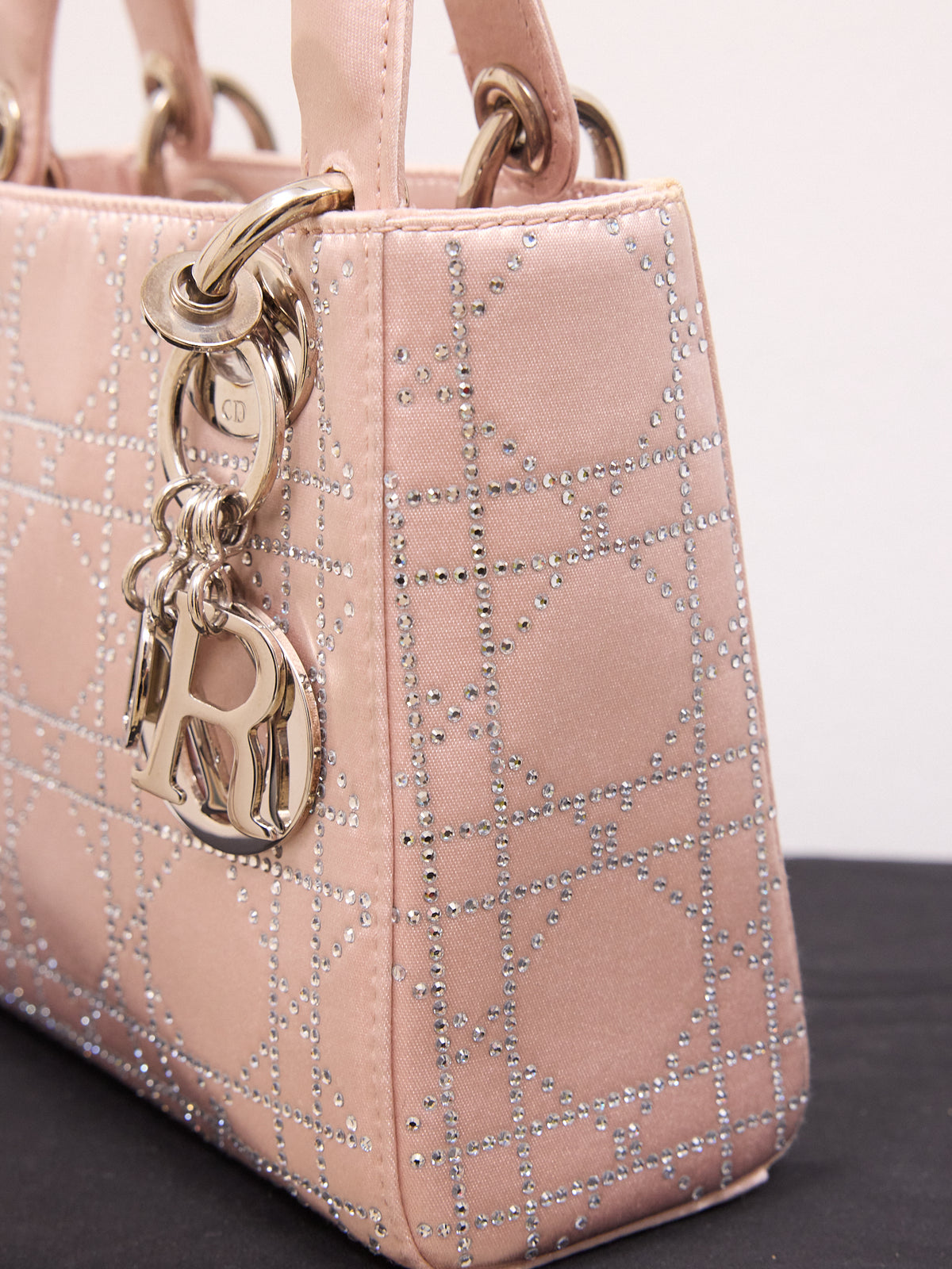 Lady Dior Bag Crystal Embellished Cannage Quilt Satin Mini Satchel