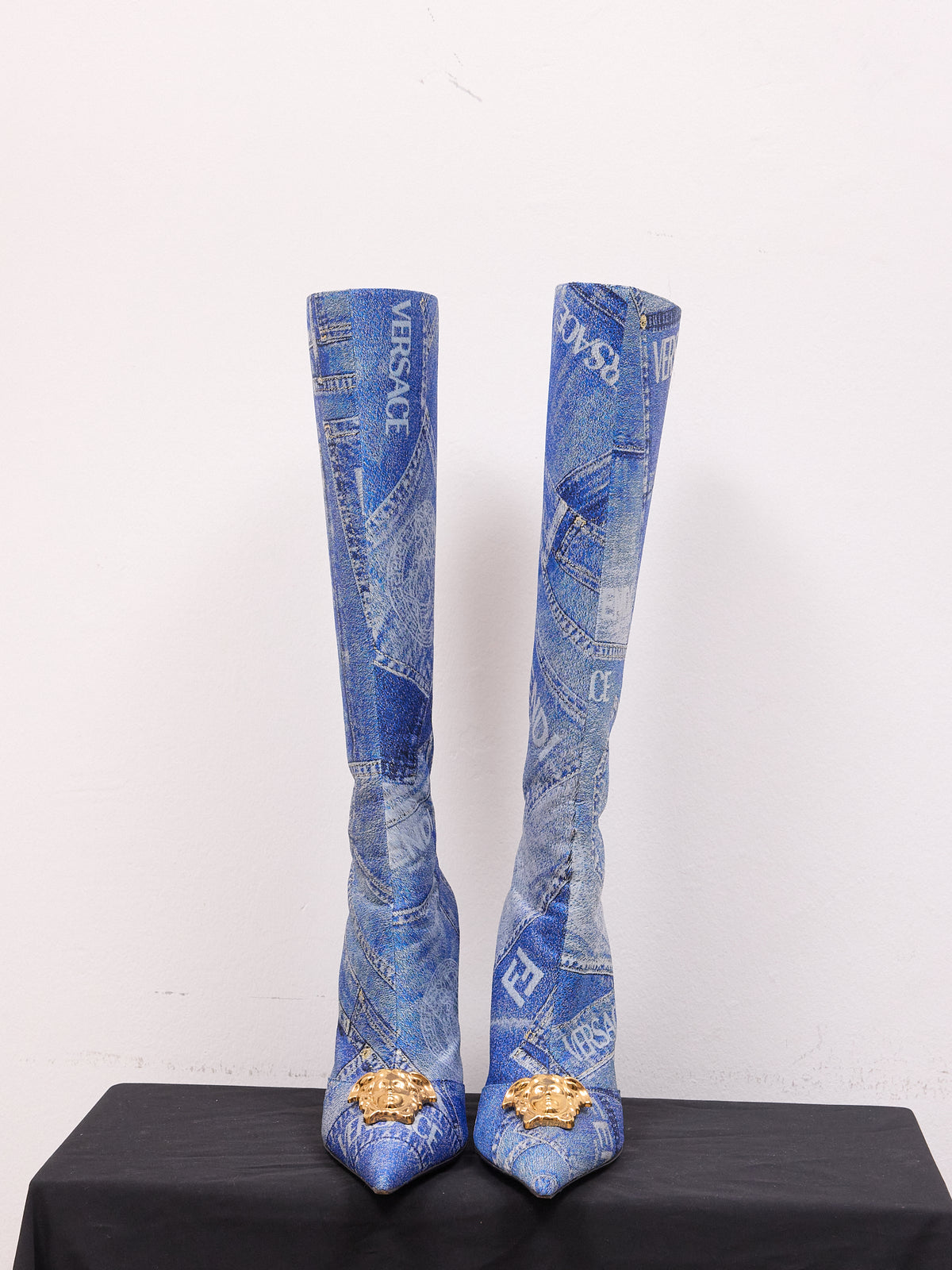Versace x Fendi Denim Knee-High Heel Boots