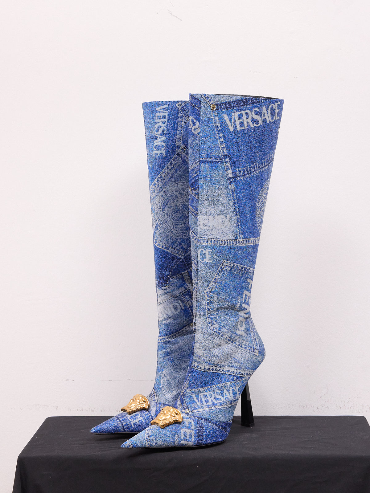Versace x Fendi Denim Knee-High Heel Boots
