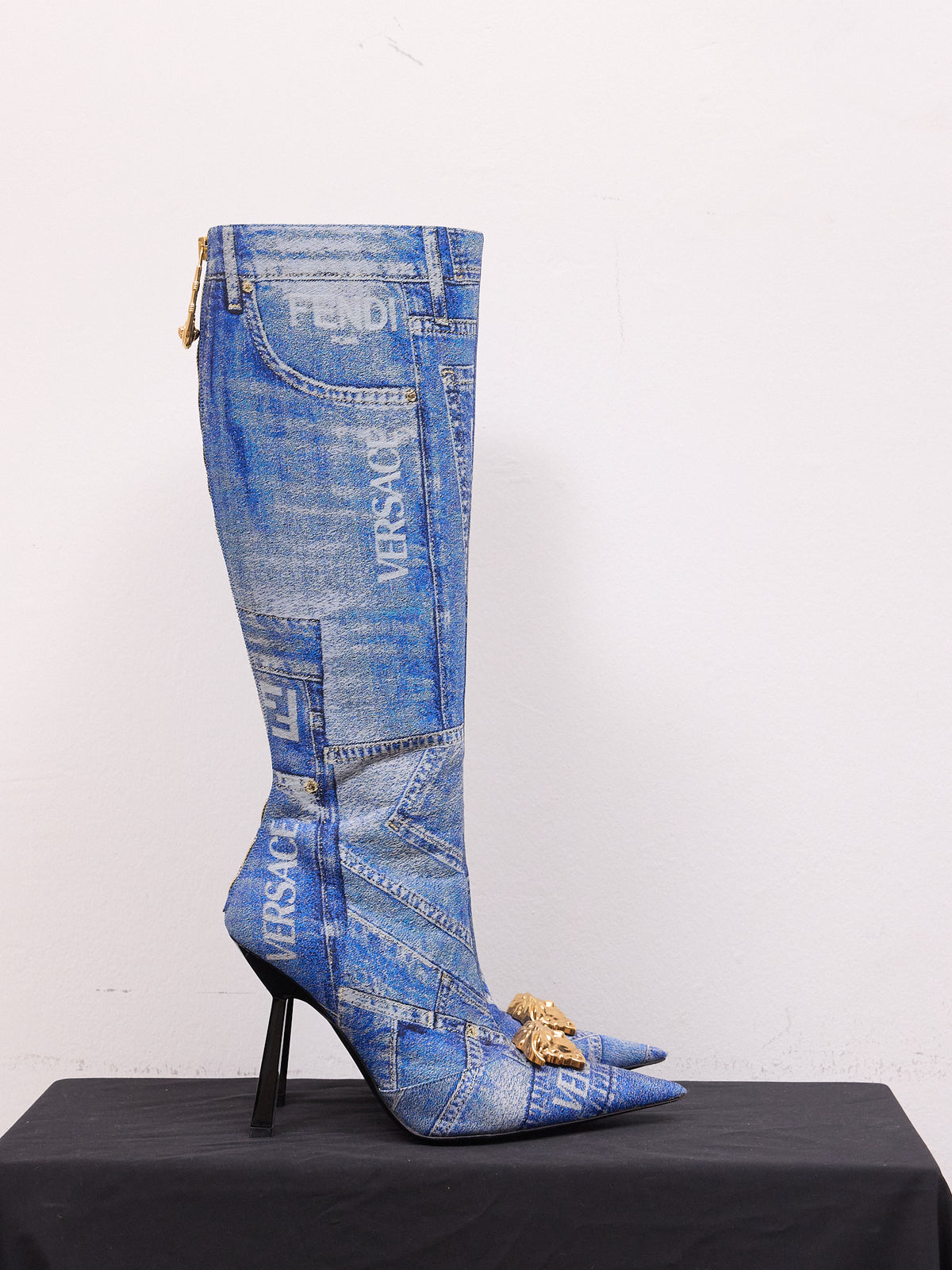 Versace x Fendi Denim Knee-High Heel Boots