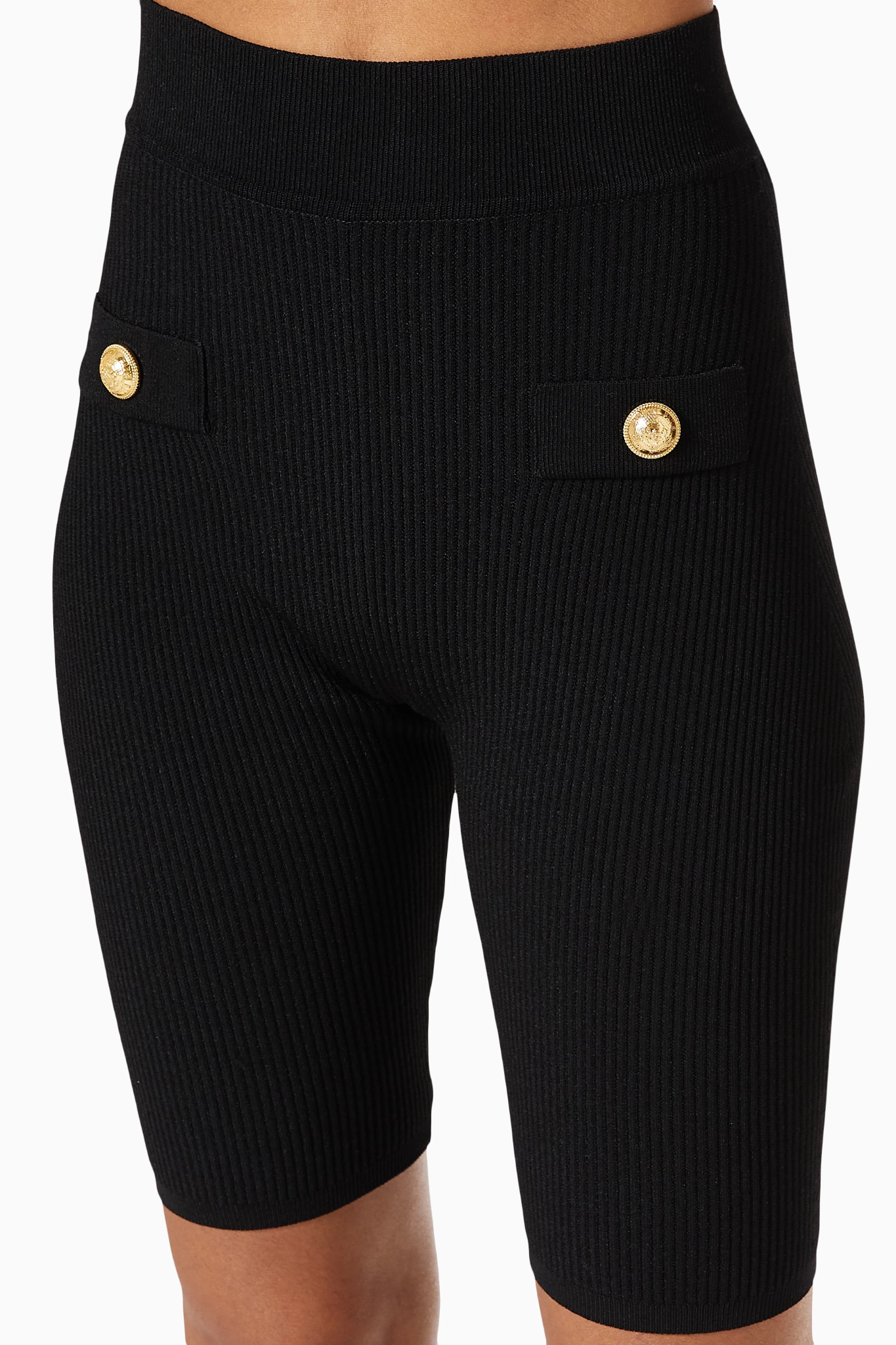 Balmain Gold Button Knitted Cycling Shorts in Black