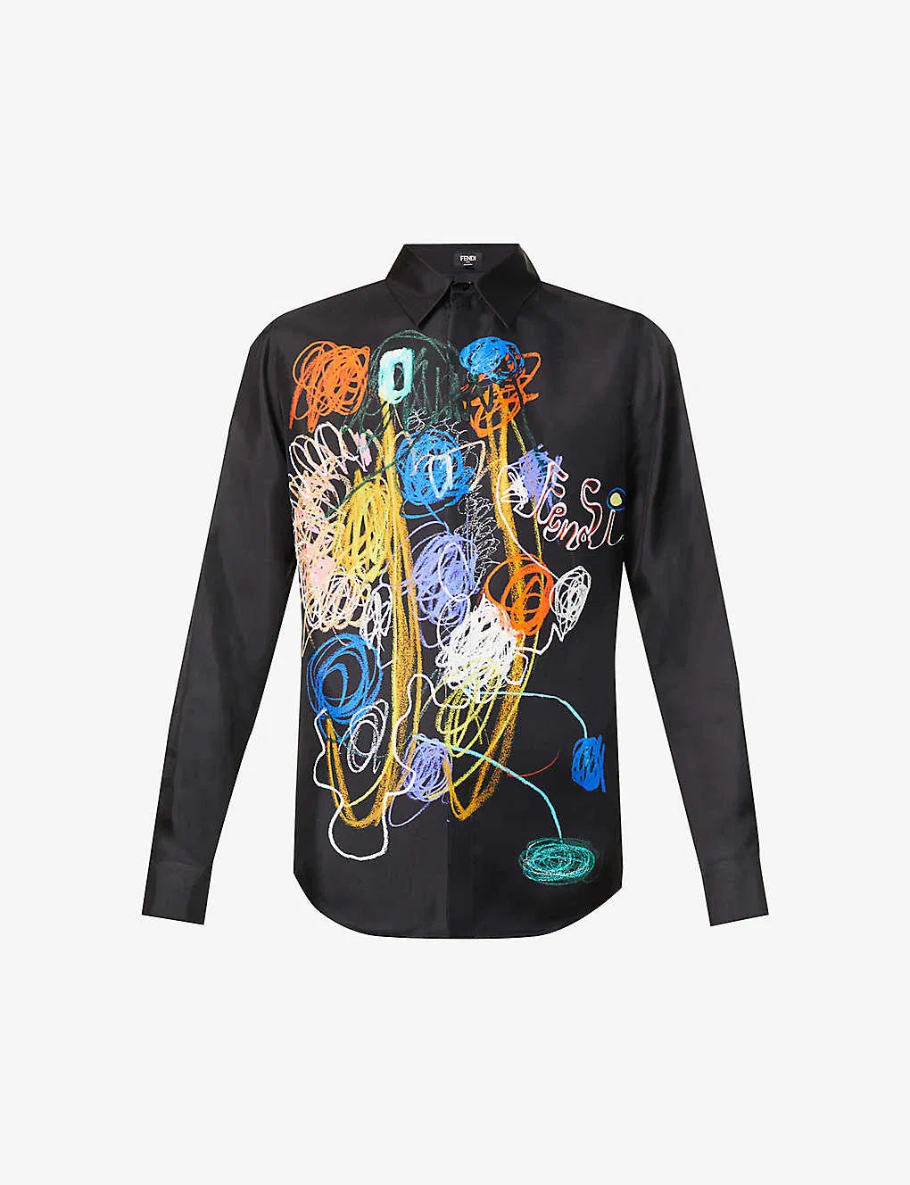 Fendi Wanderer Graphic-print Long Sleeve Silk Shirt In Nero