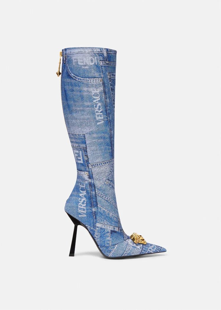 DENIM KNEE HIGH HEEL BOOTS