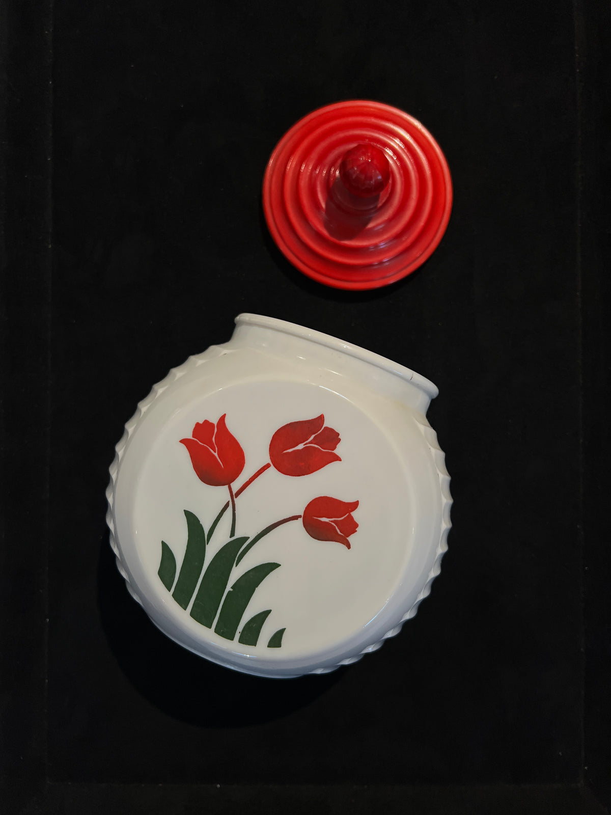 7" Vintage White Milk Glass Grease Jar with Fire King Tulips Print -