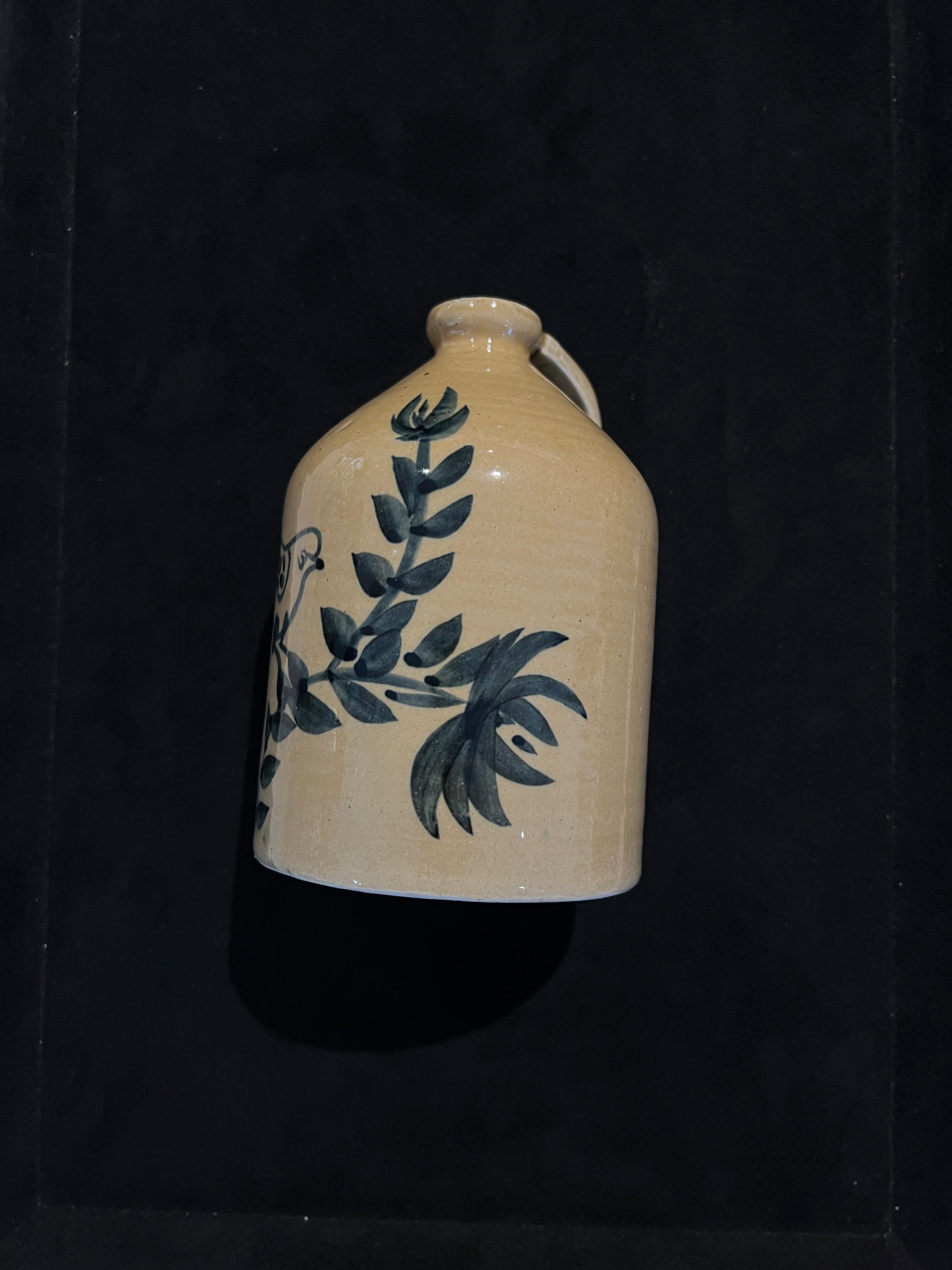 Small Yellow-glazed Ceramic Jug with Hand-painted Blue Bird -