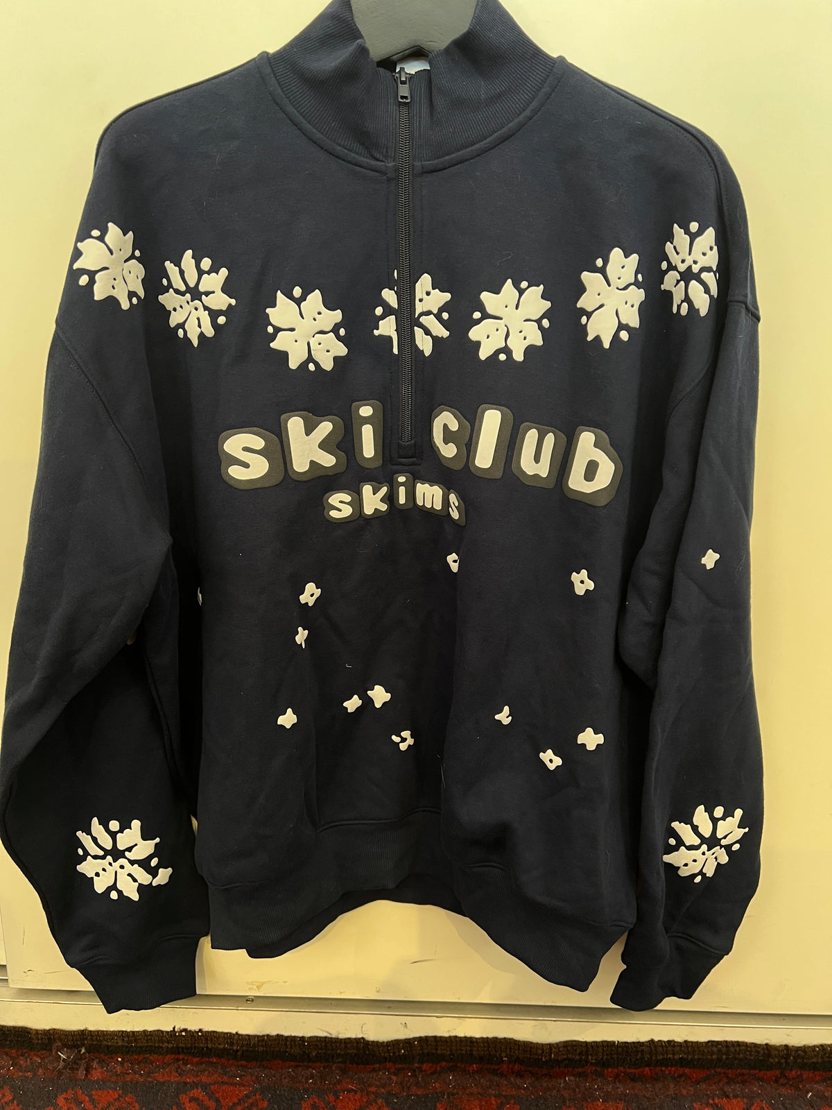 Skims Cotton Fleece Mock Neck Quarter Zip Sweater with Ski Club Print -