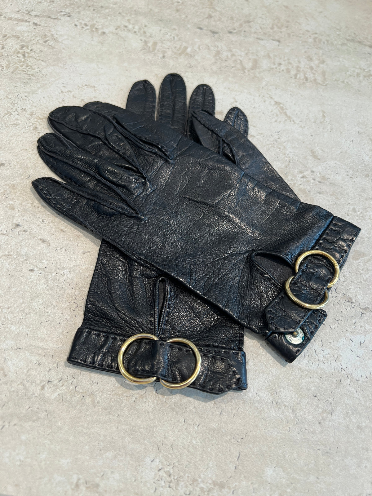 Griffon Black Leather Gloves with Double-Ring Cinch -