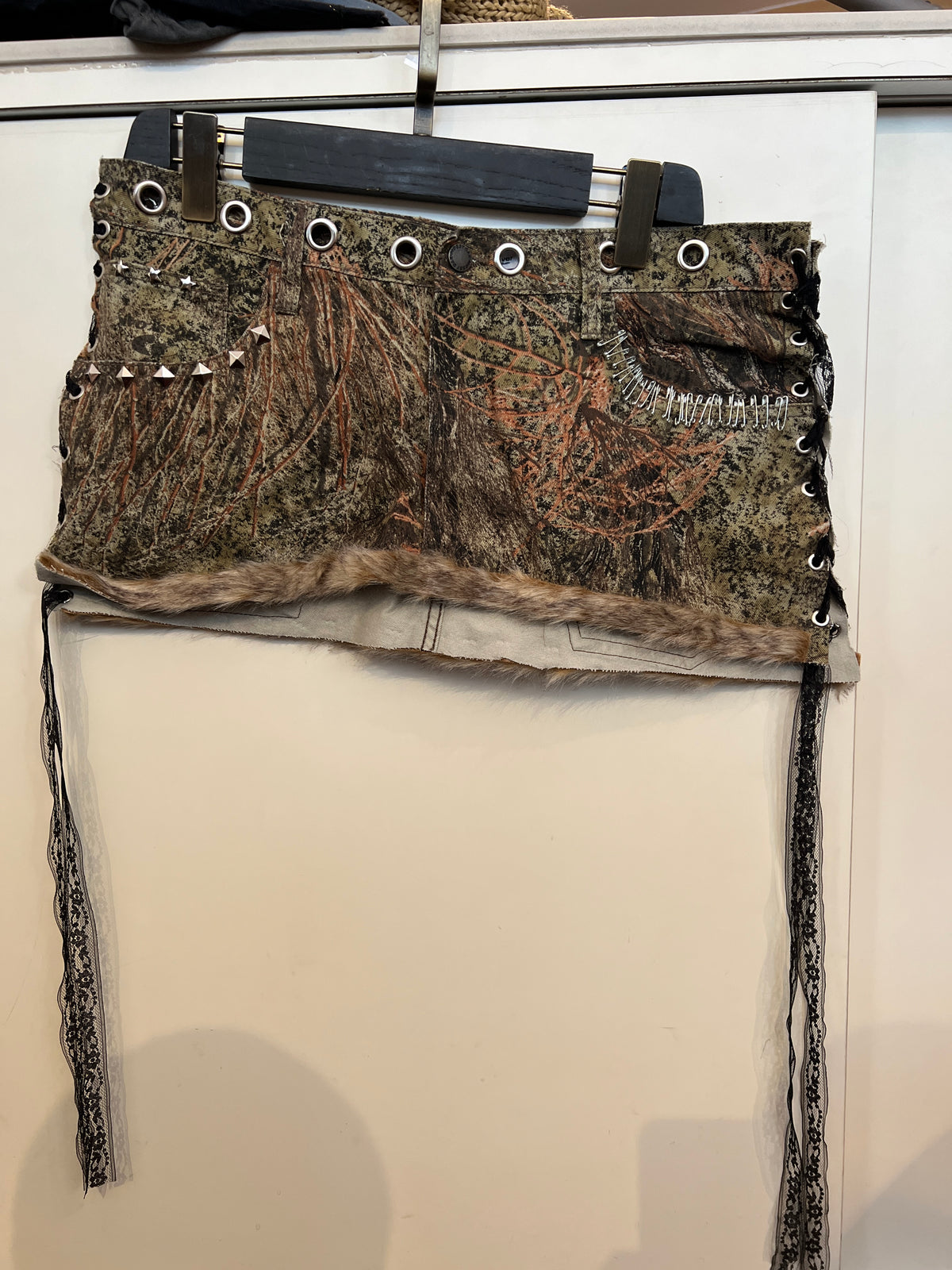 Dumber Than Ever Camo Fur-Trimmed Mini Skirt with Lace -