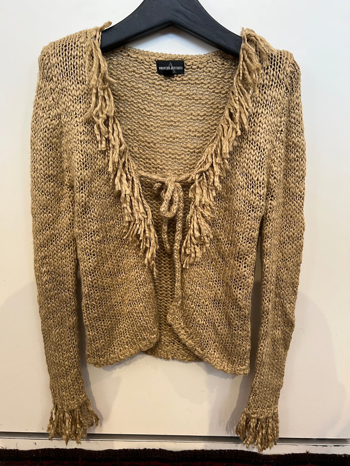 American Attitudes Brown Fringe-Trim Chunky Knit Cardigan -