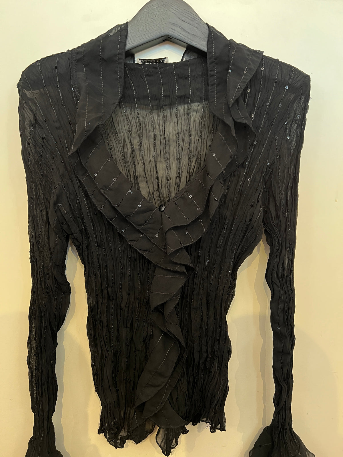 Vintage 90s Kaelyn Max Black Ruffle Crinkle Top Pleated Sequin
