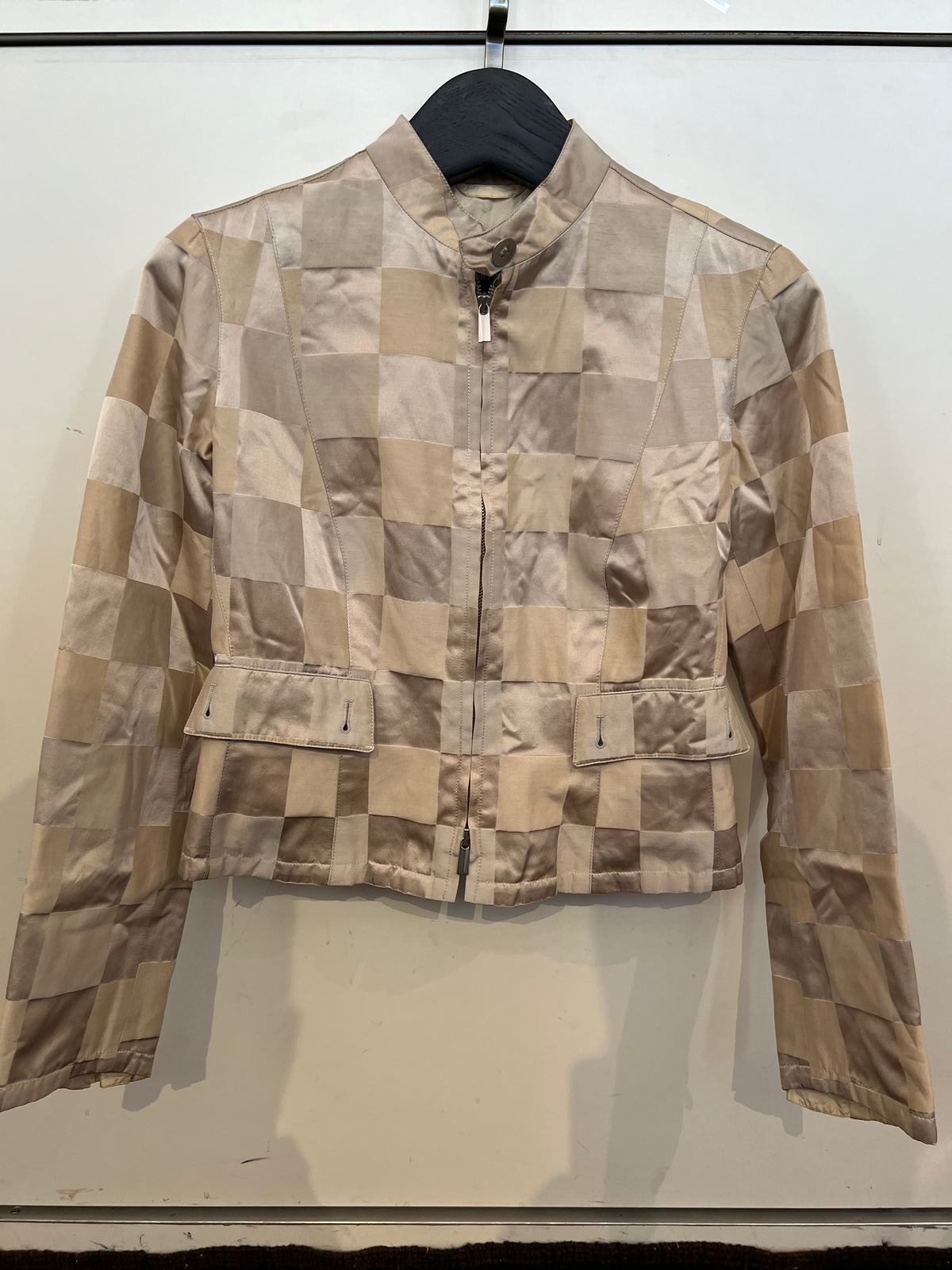Giorgio Armani Vintage Nylon & Silk Blend Cream Checkered Jacket -