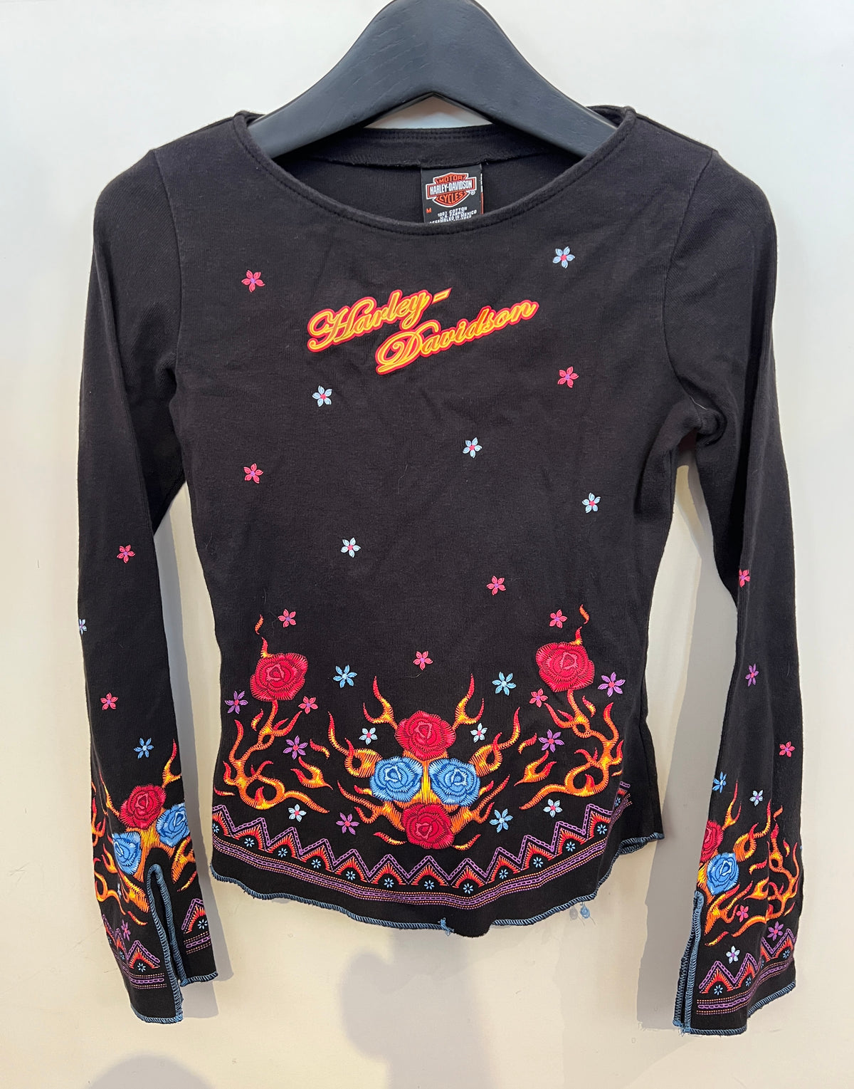 Harley Davidson LS T-Shirt with Rose and Flames Embroidery Print -