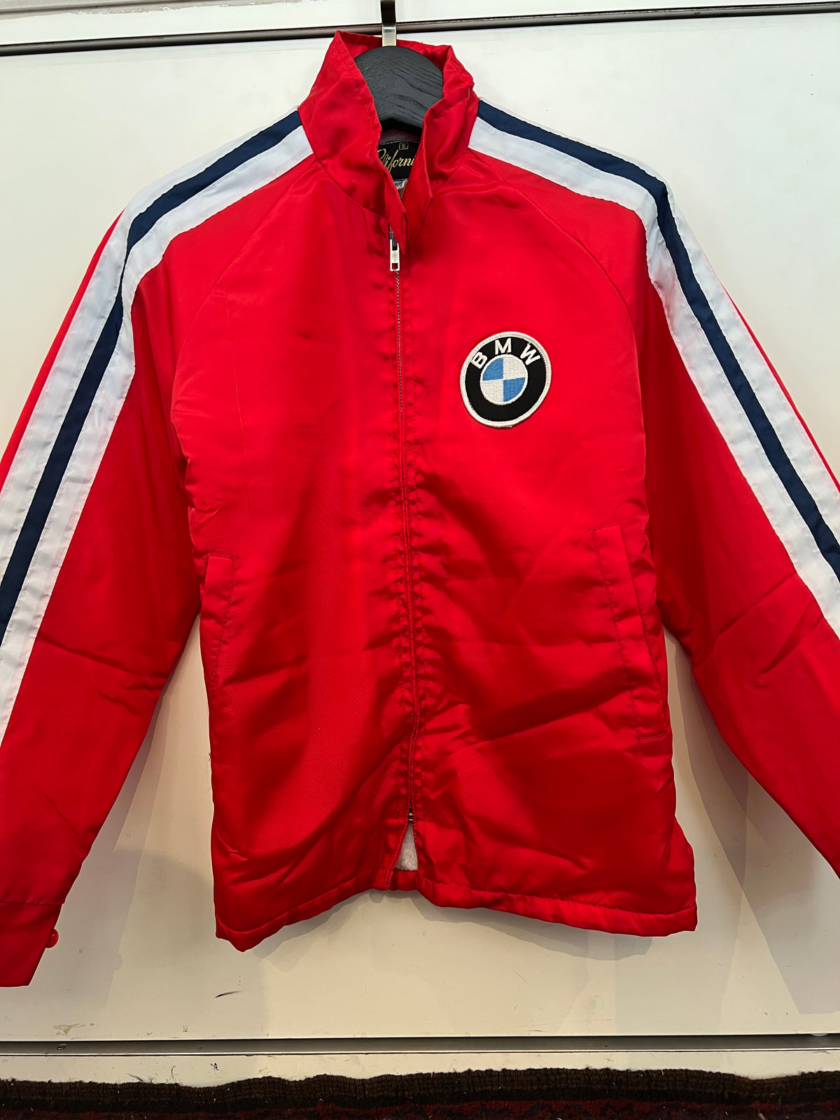 Vintage 80s BMW Red Nylon Insulated Wool Lining Jacket -