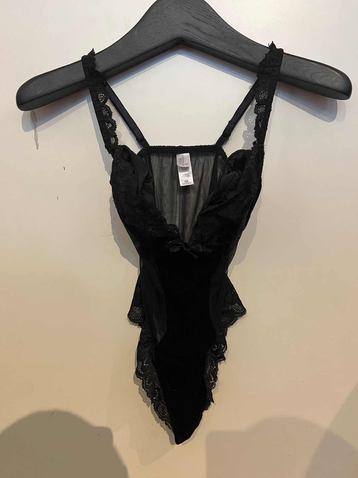 Victoria's Secret 1990s Black Velvet and Lace Teddy Bodysuit