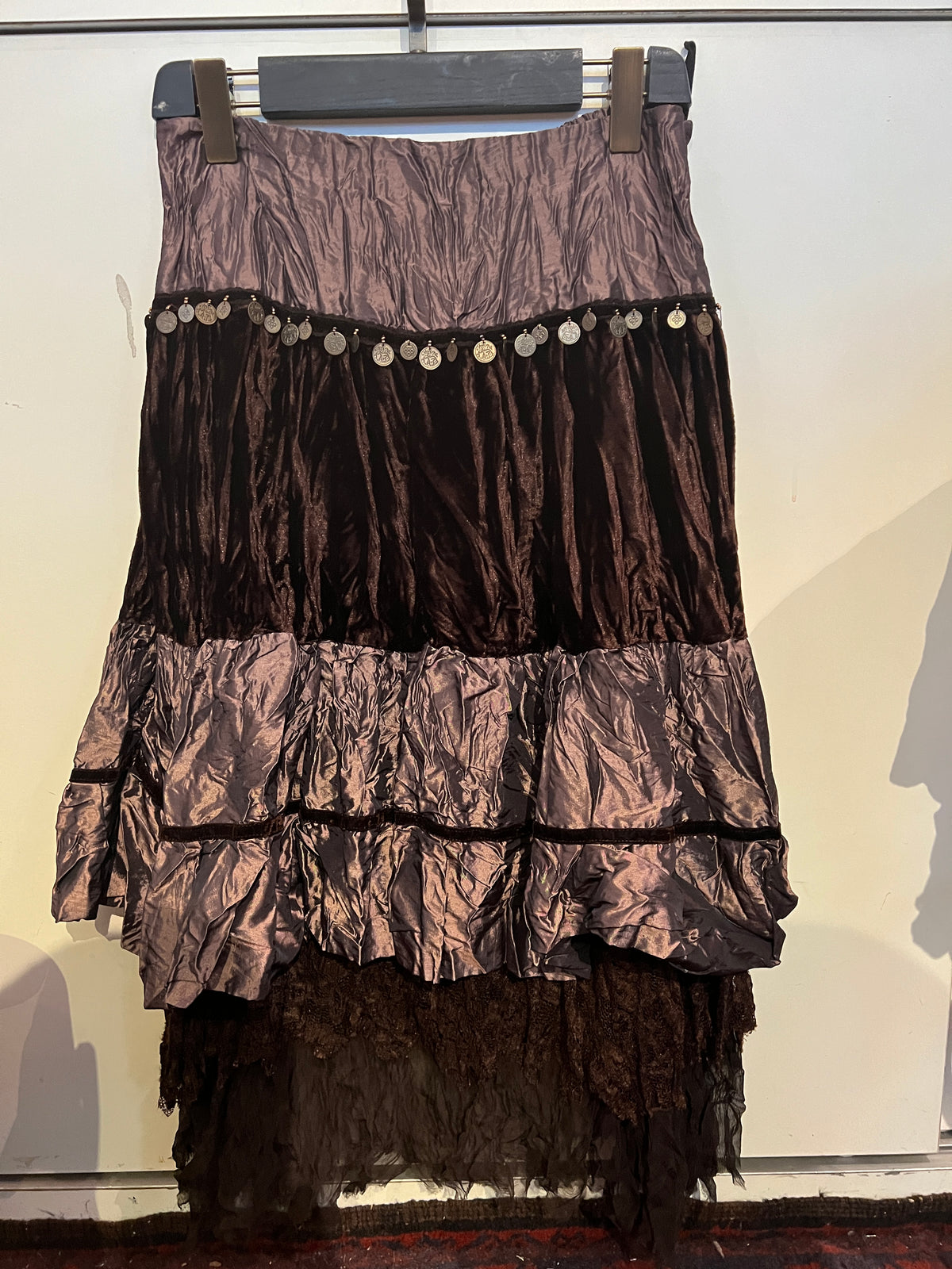 Anis.A Brown Ruffled Midi Skirt with Lace -