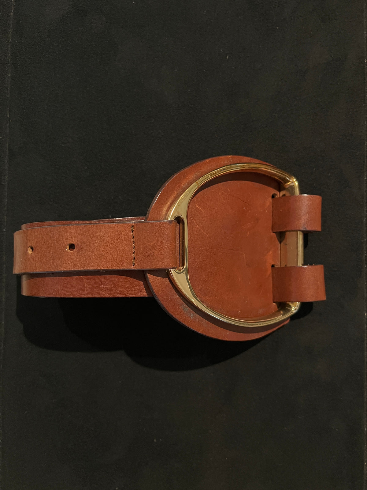 Bonnella Brown Leather Equestrian Waist Belt with Gold-tone Buckle -