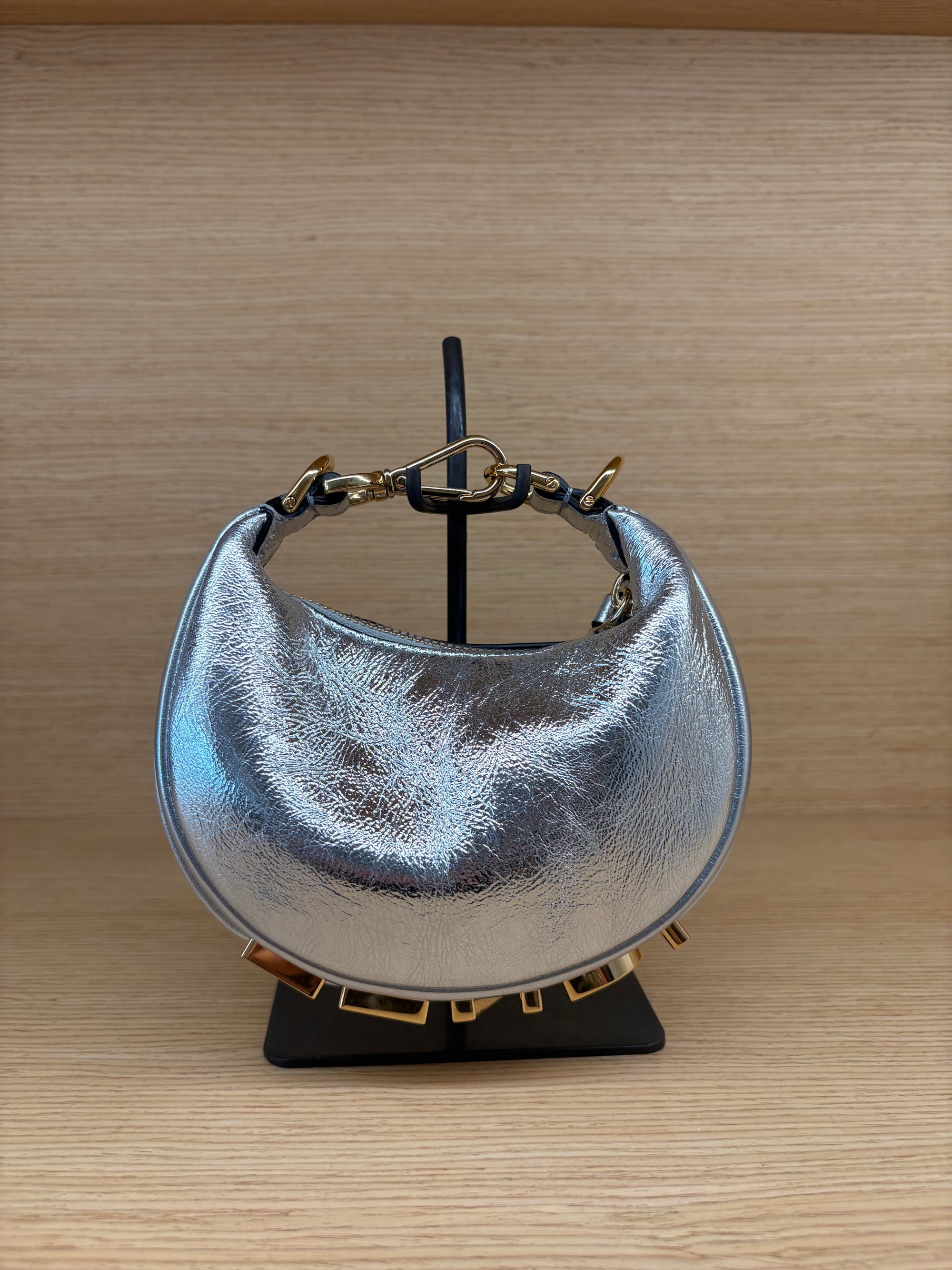 Fendi Graffi Rock Nano Hobo Charm Bag in Silver with Gold Logo