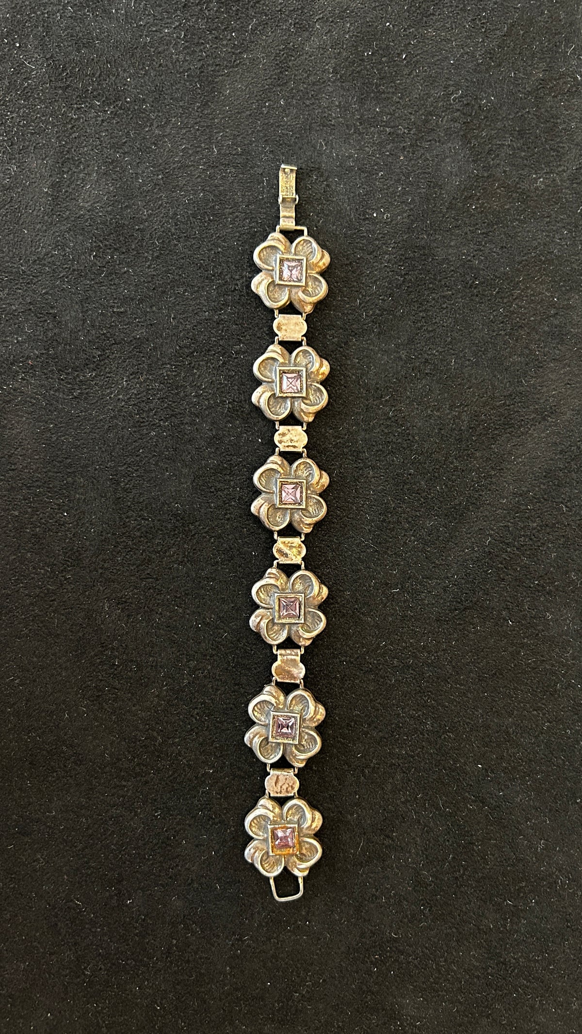 Vintage Floral Link Bracelet with Square Cut Pink Stones