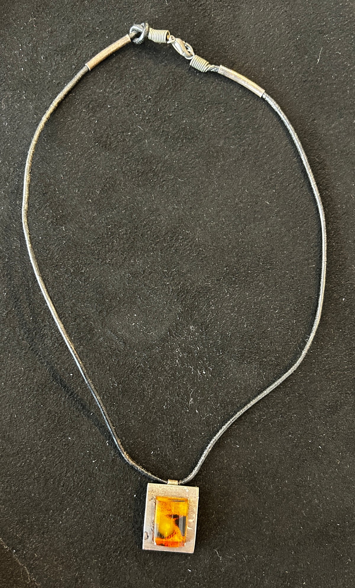 Leather Cord Necklace with Rectangular Amber Stone