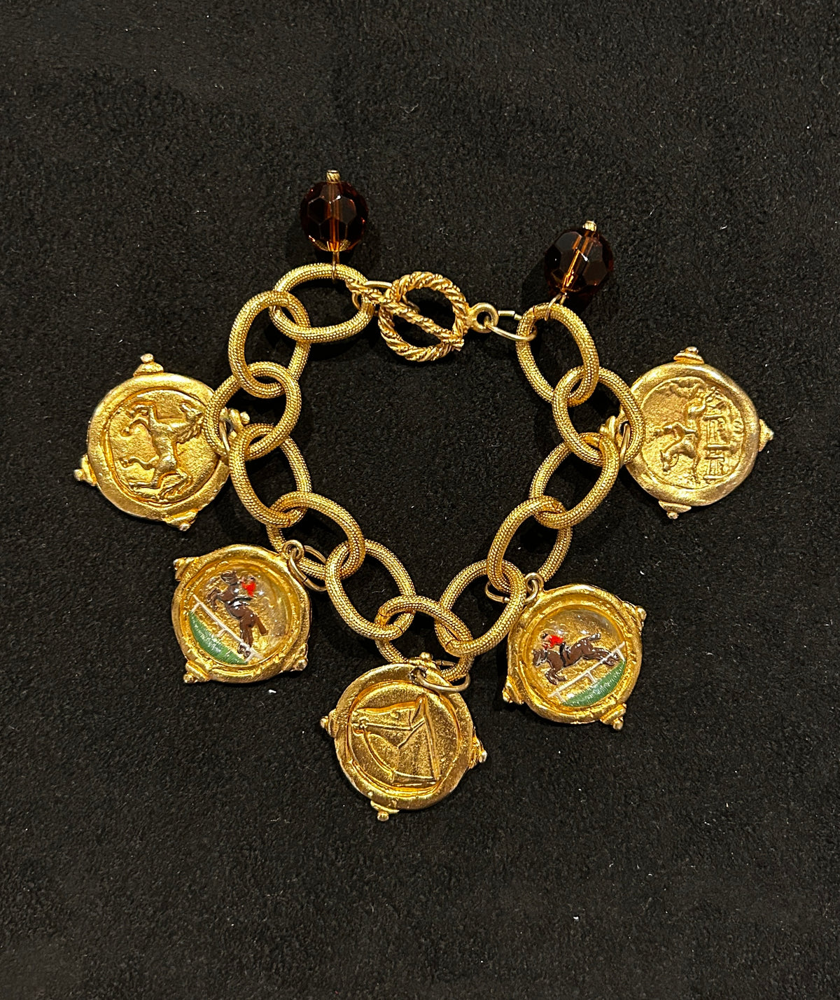 Vintage Gold-tone Coin Equestrian Medallions Charm Bracelet