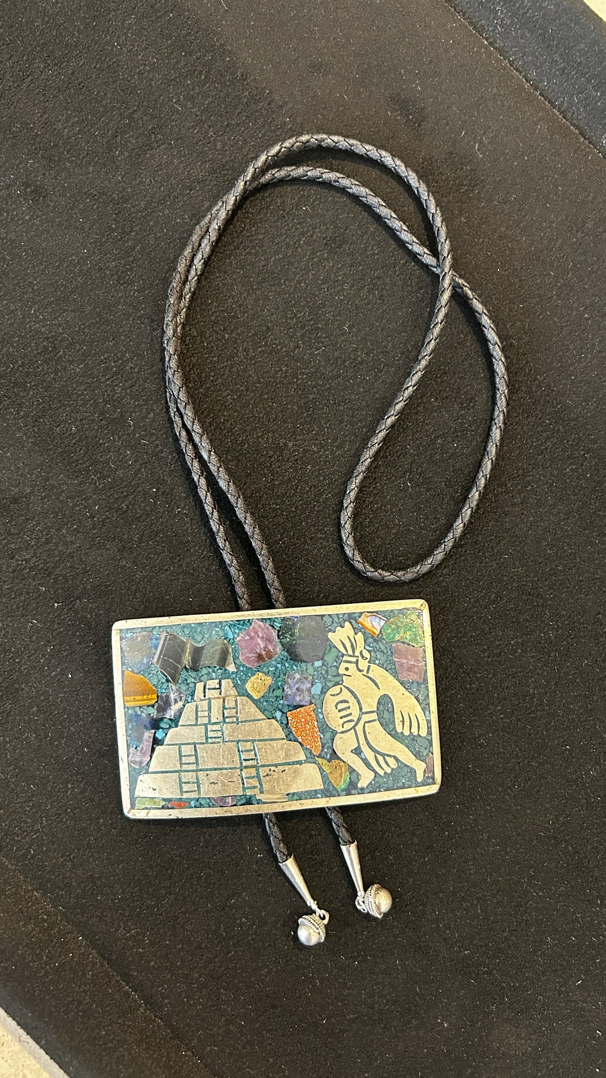 Vintage Mexican Mosaic Stone Inlay Bolo Tie