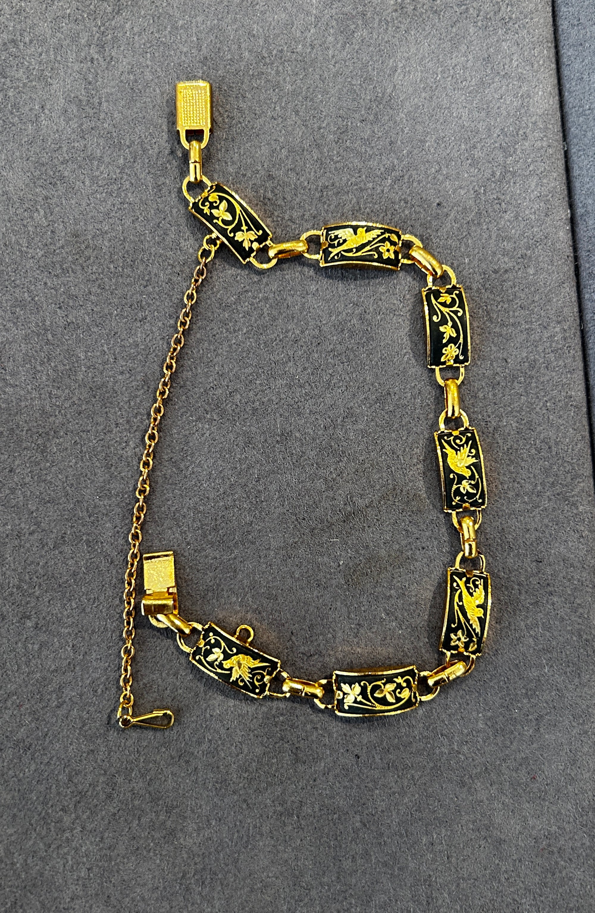 Vintage Gold-tone Damascene Link Bracelet with Black Enamel Panels