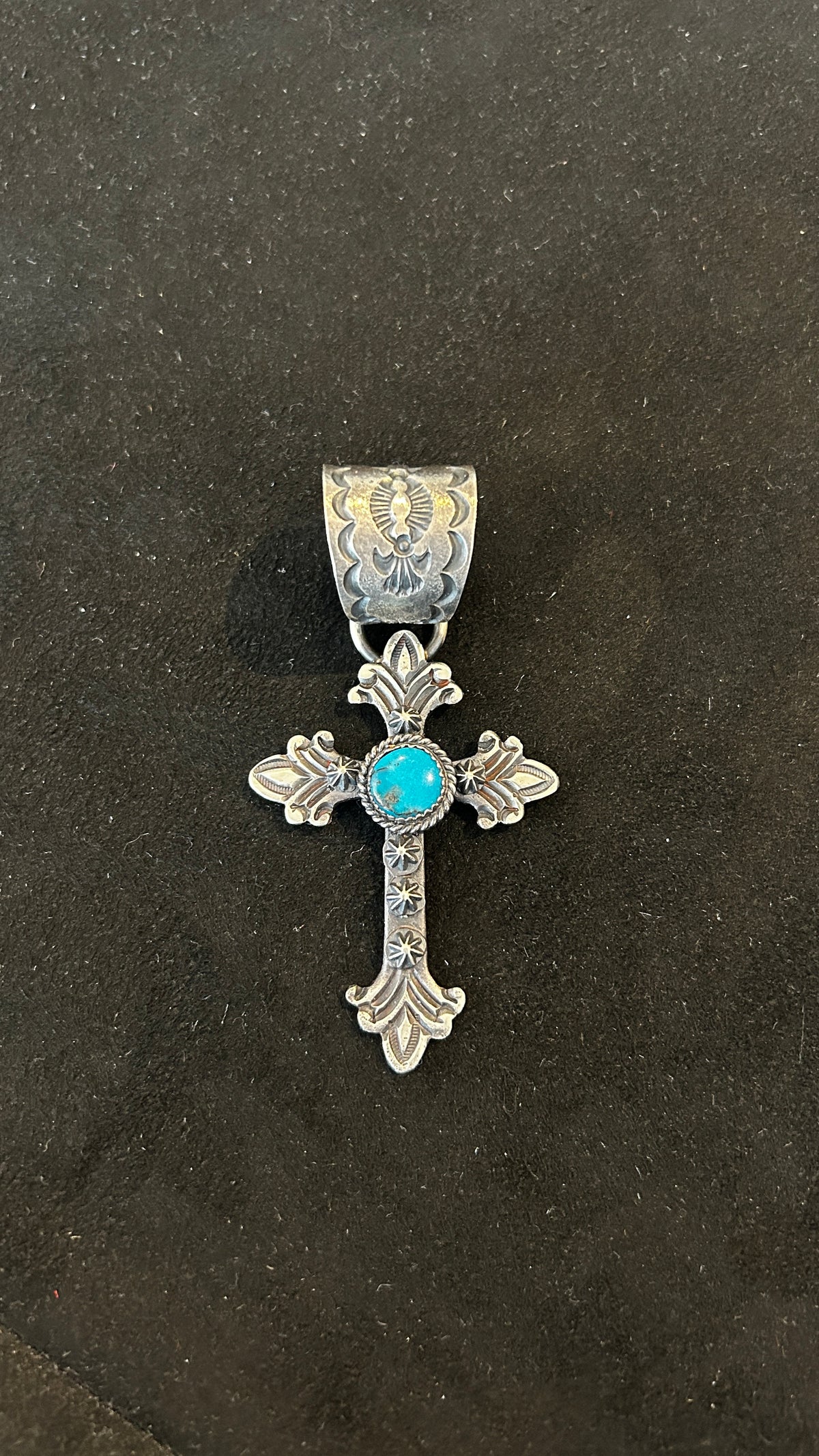 Kingman Turquoise Ornate Kevin Billah Cross Pendant