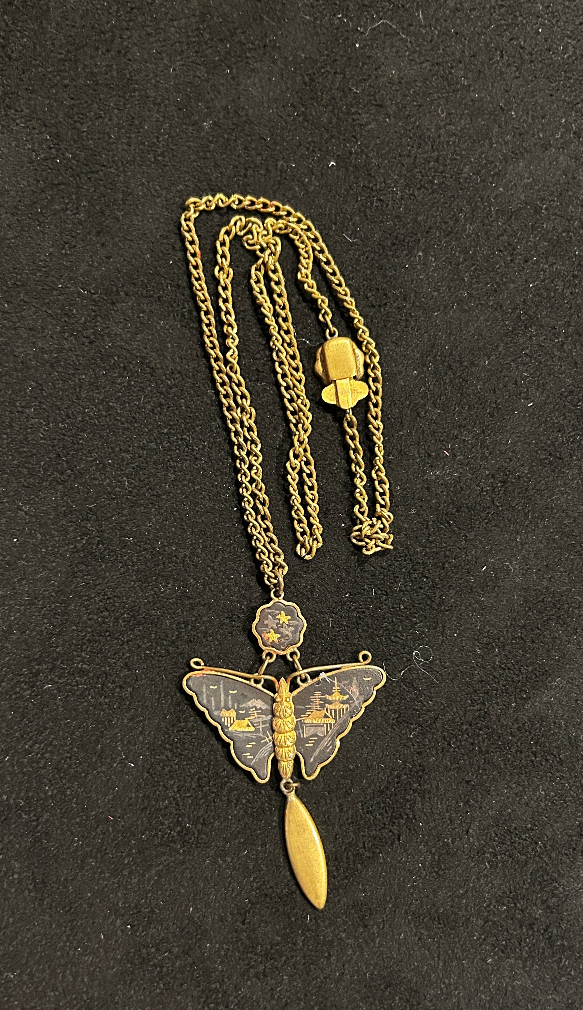 Vintage Japanese Damascene Butterfly Pendant Gold Necklace -