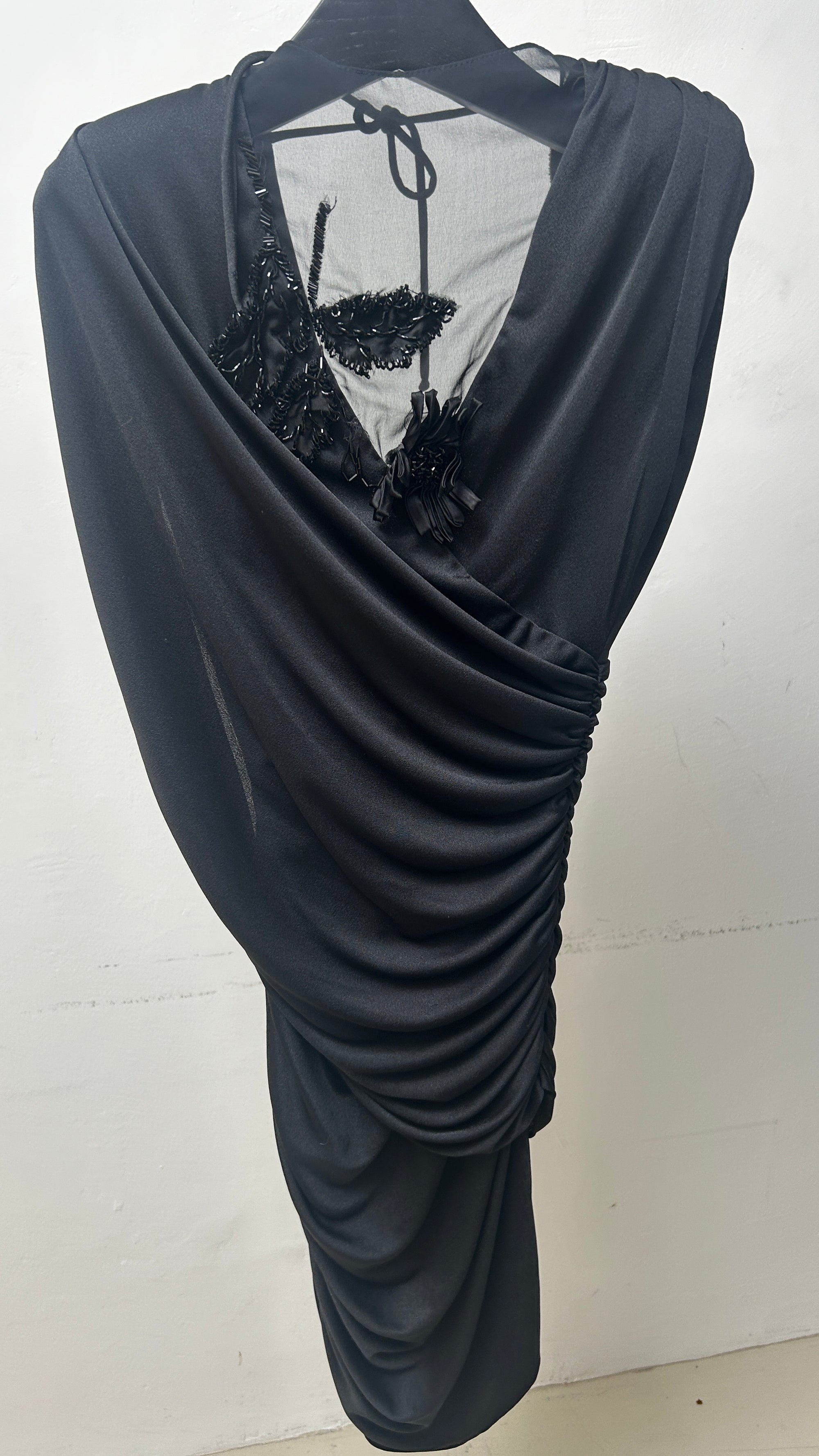 Climax by Karen Okada 1980s Black Evening Ruched Dress *