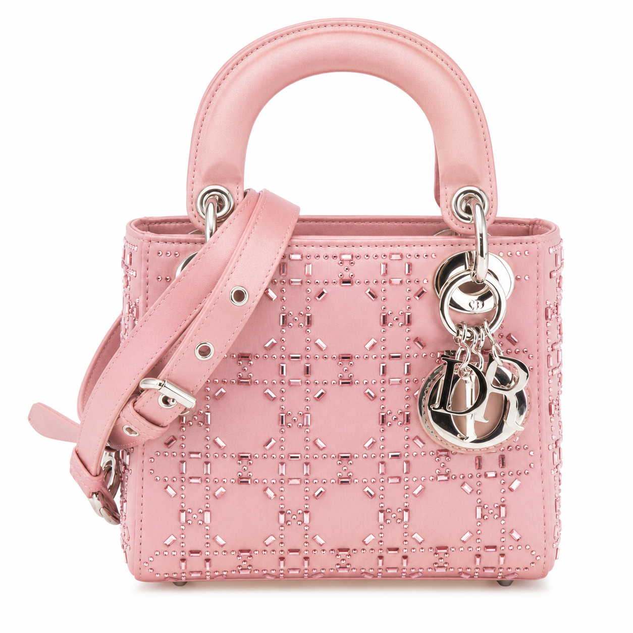 Lady Dior Bag Crystal Embellished Cannage Quilt Satin Mini Satchel