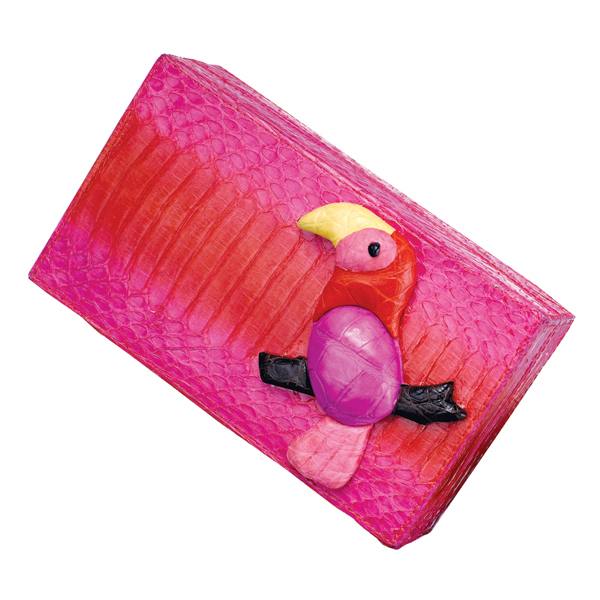 Nancy Gonzalez Pink Python Box Clutch with Hand-Sculpted Parrot Detail