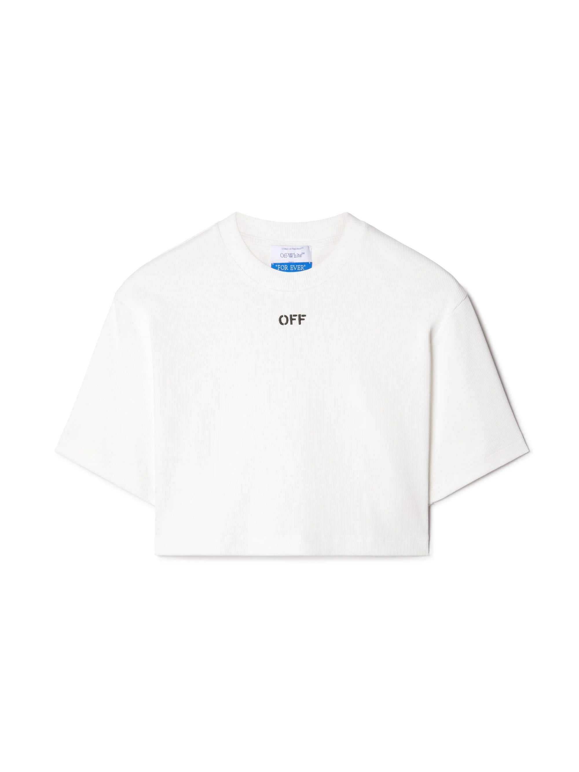 Off White Cotton Ribbed Cropped T-Shirt