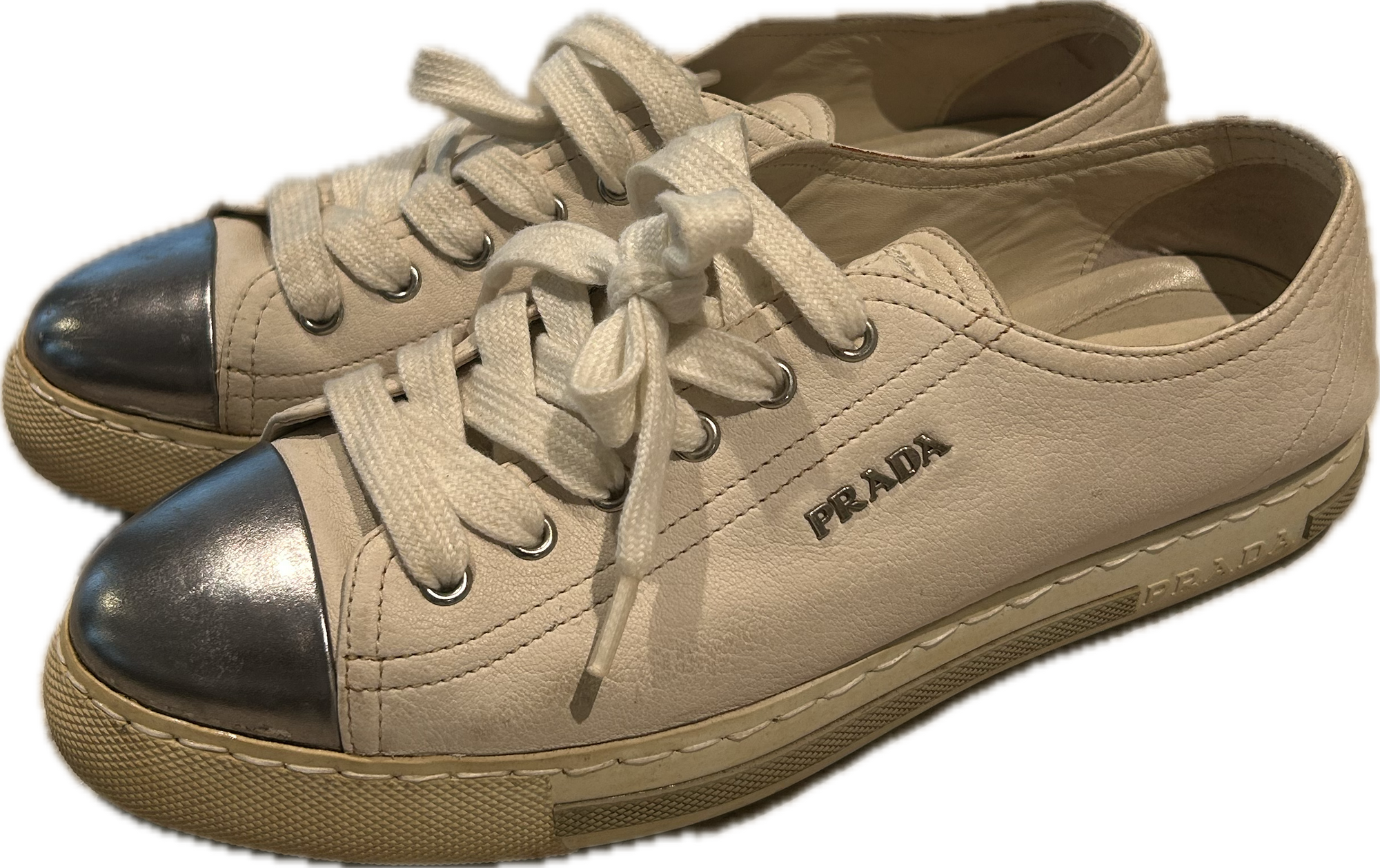 PRADA WHITE LEATHER SNEAKERS WITH SILVER TOE