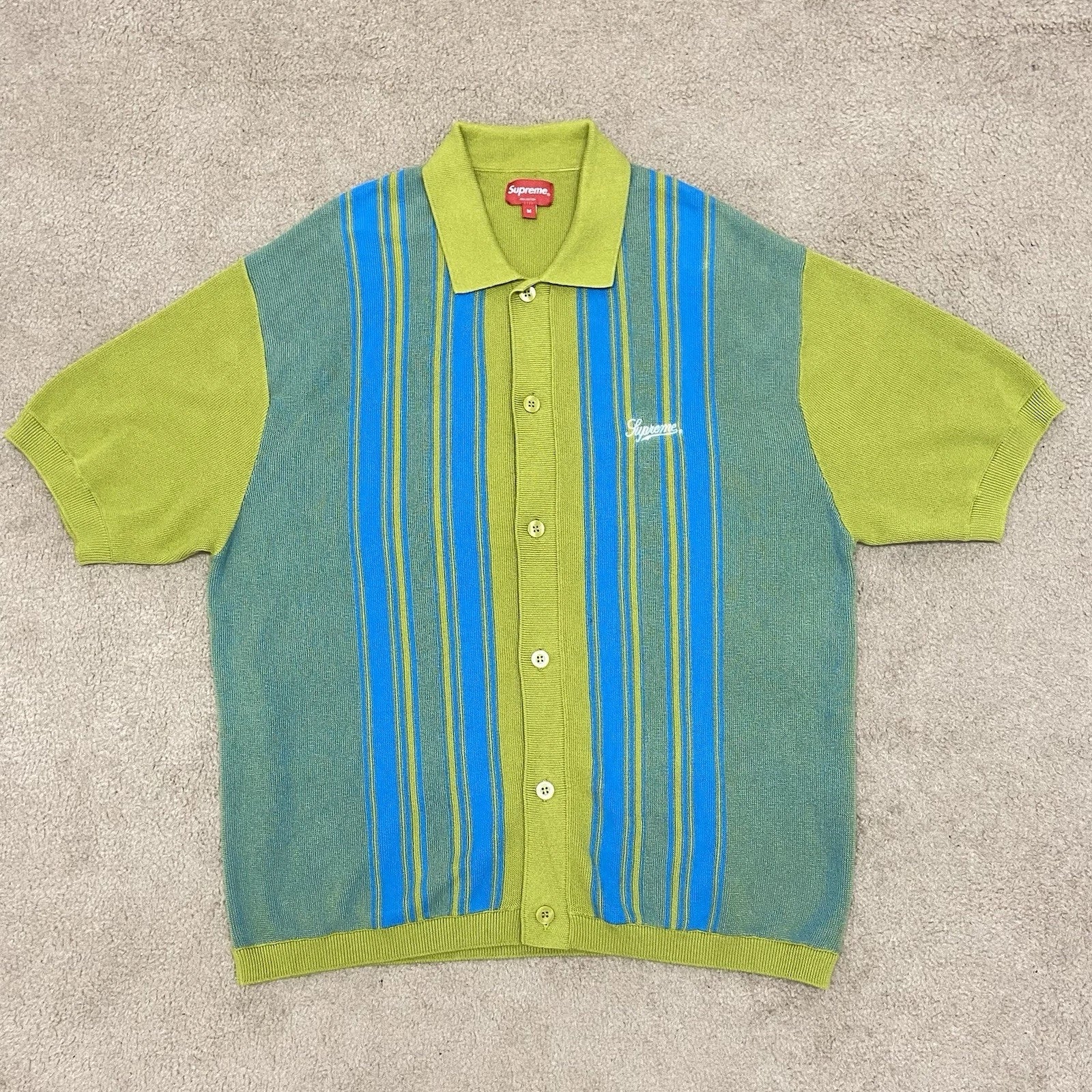 Supreme Dusty Lime Button Up Striped Polo Shirt