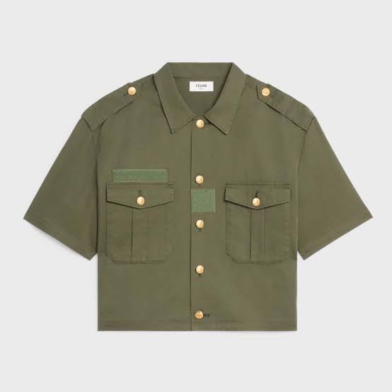 Celine Military-style Button Up Cropped Shirt in Khaki Green